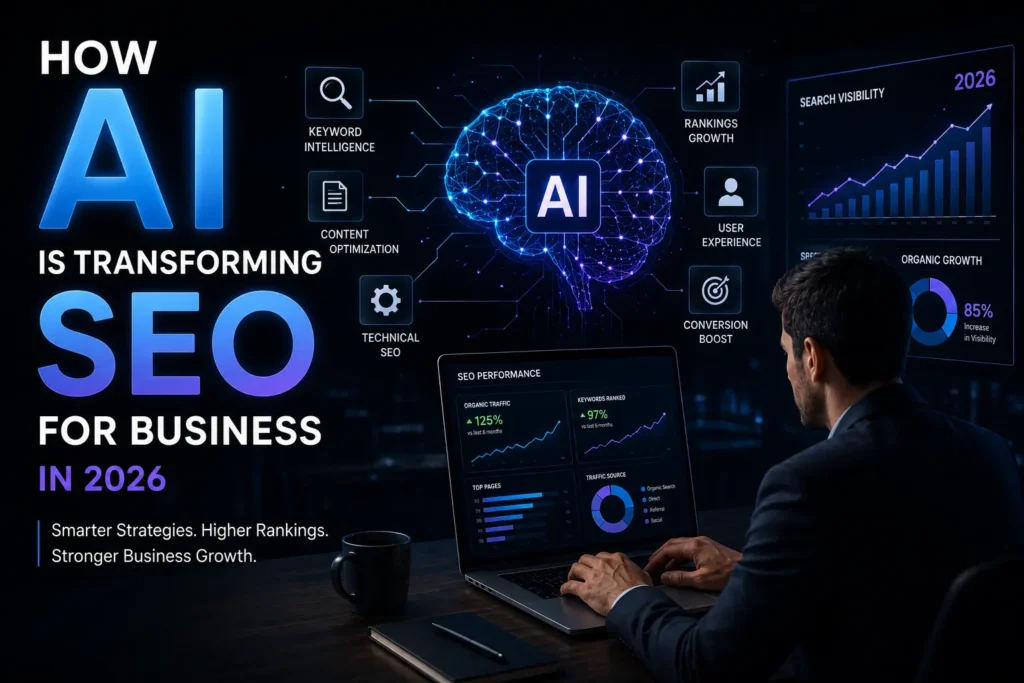 Business professional using AI powered SEO tools on a laptop in a dark themed workspace with search analytics, keyword insights, organic traffic growth charts, and artificial intelligence visualization.