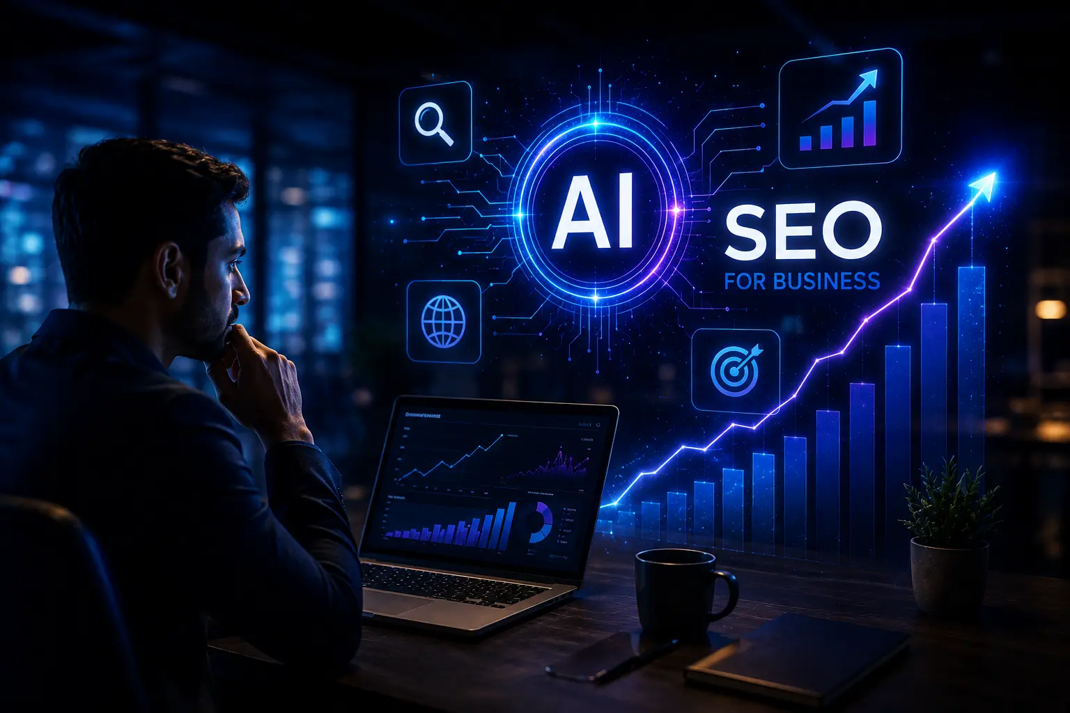 Business professional analyzing AI powered SEO performance on a laptop in a futuristic dark office, with glowing search analytics, ranking growth charts, and artificial intelligence visualization.