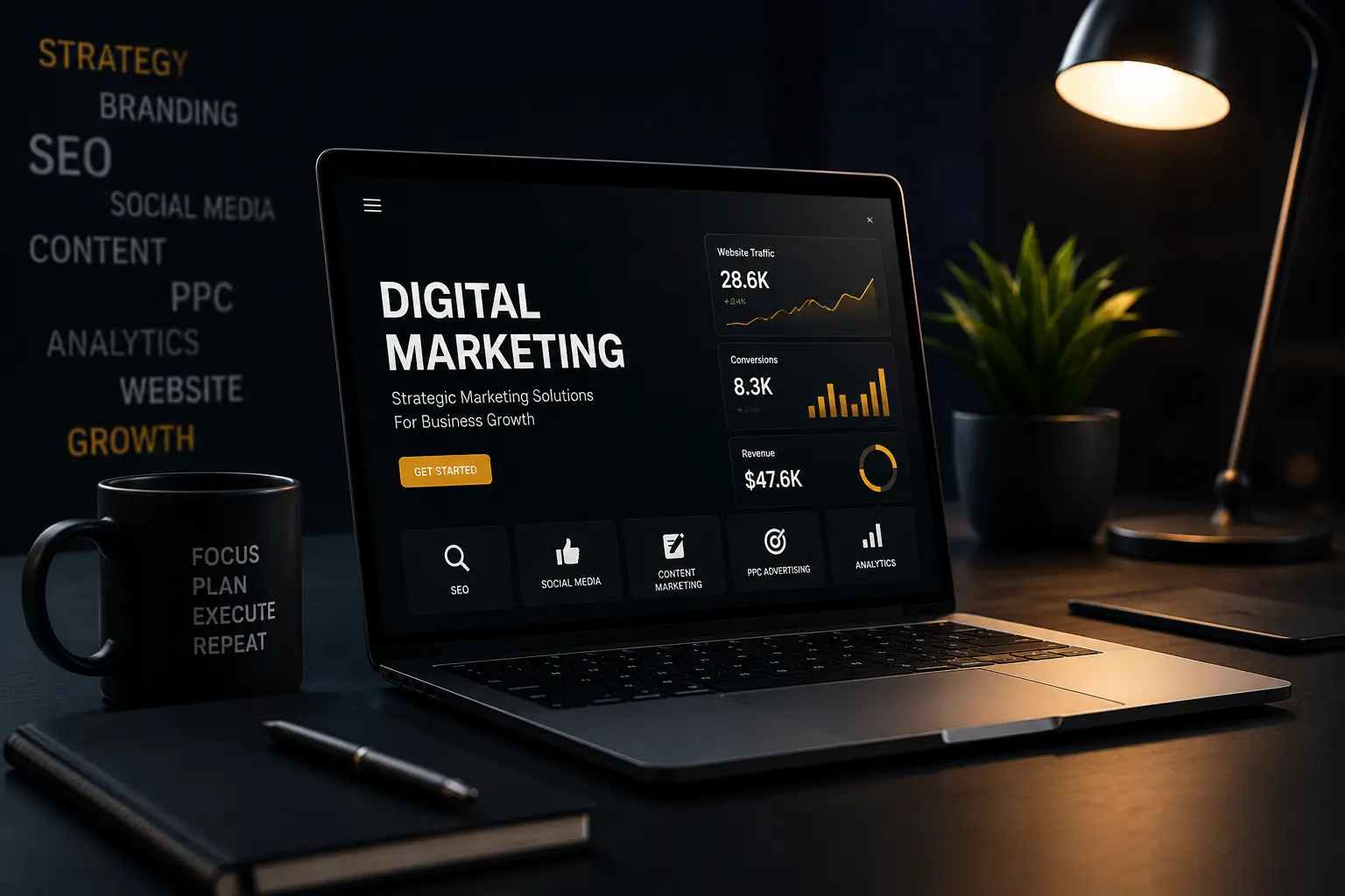 Professional digital marketing workspace with a laptop displaying SEO, analytics, content marketing, and PPC dashboard in a dark themed office setup.