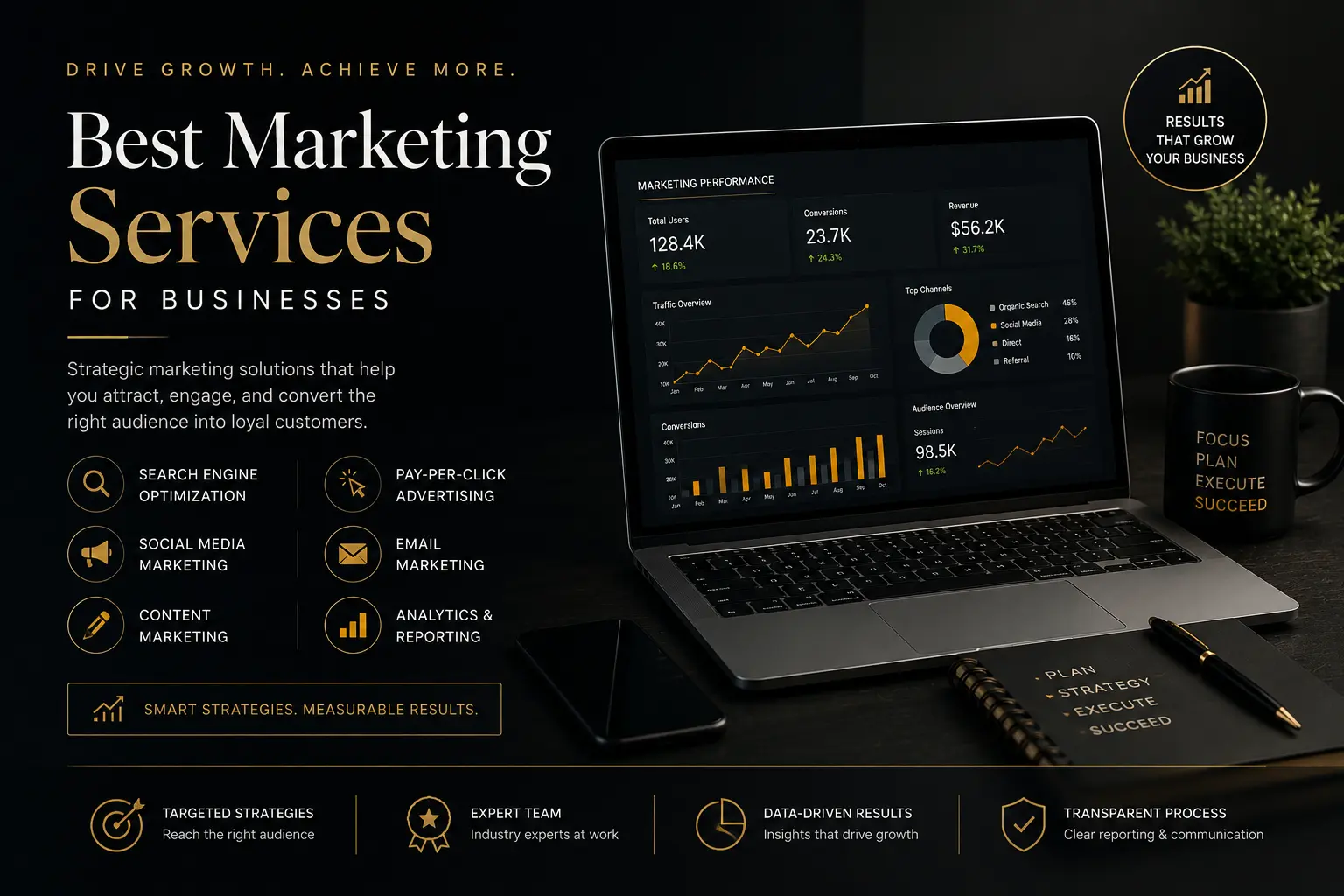 Best marketing services for businesses banner showing SEO, social media marketing, PPC advertising, website design, and analytics dashboard in a dark professional workspace.