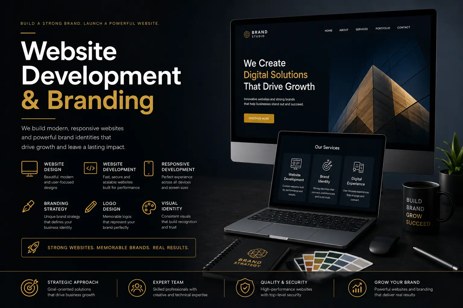 Professional website development and branding workspace featuring responsive web design, brand identity strategy, logo design, and digital business growth on a dark premium background.