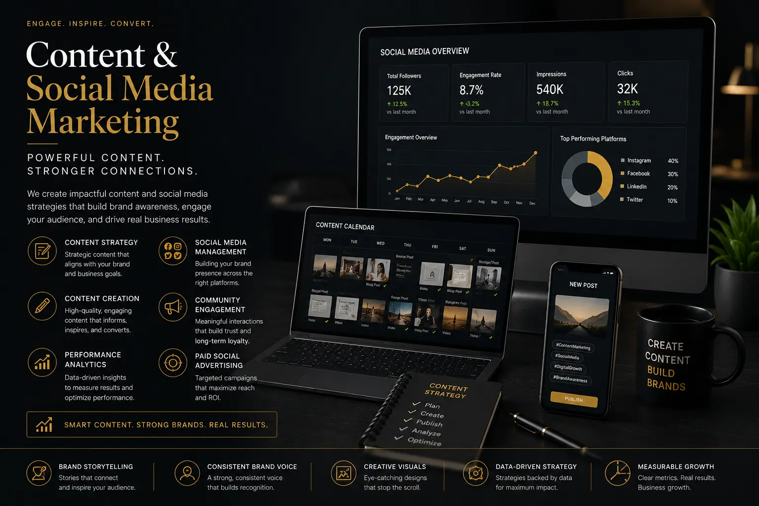Professional content and social media marketing workspace featuring content strategy dashboards, social media analytics, content calendar, audience engagement metrics, and brand growth tools in a premium dark themed setup.