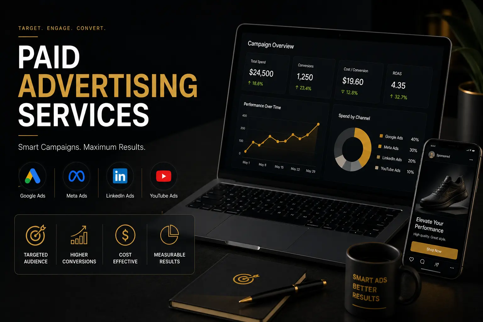 Dark themed paid advertising services banner featuring Google Ads, Meta Ads, LinkedIn Ads, YouTube Ads, campaign analytics dashboard, and digital marketing performance metrics in a professional workspace.