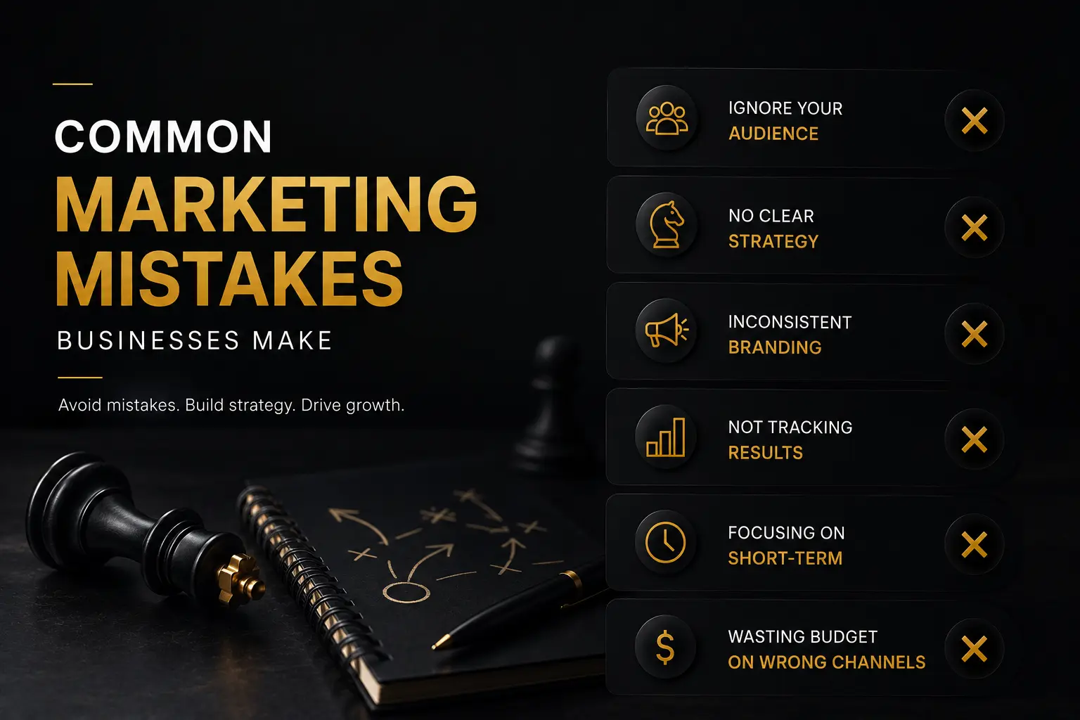 Dark themed infographic showing common marketing mistakes businesses make including poor audience targeting, weak strategy, inconsistent branding, and wasting budget on the wrong channels.