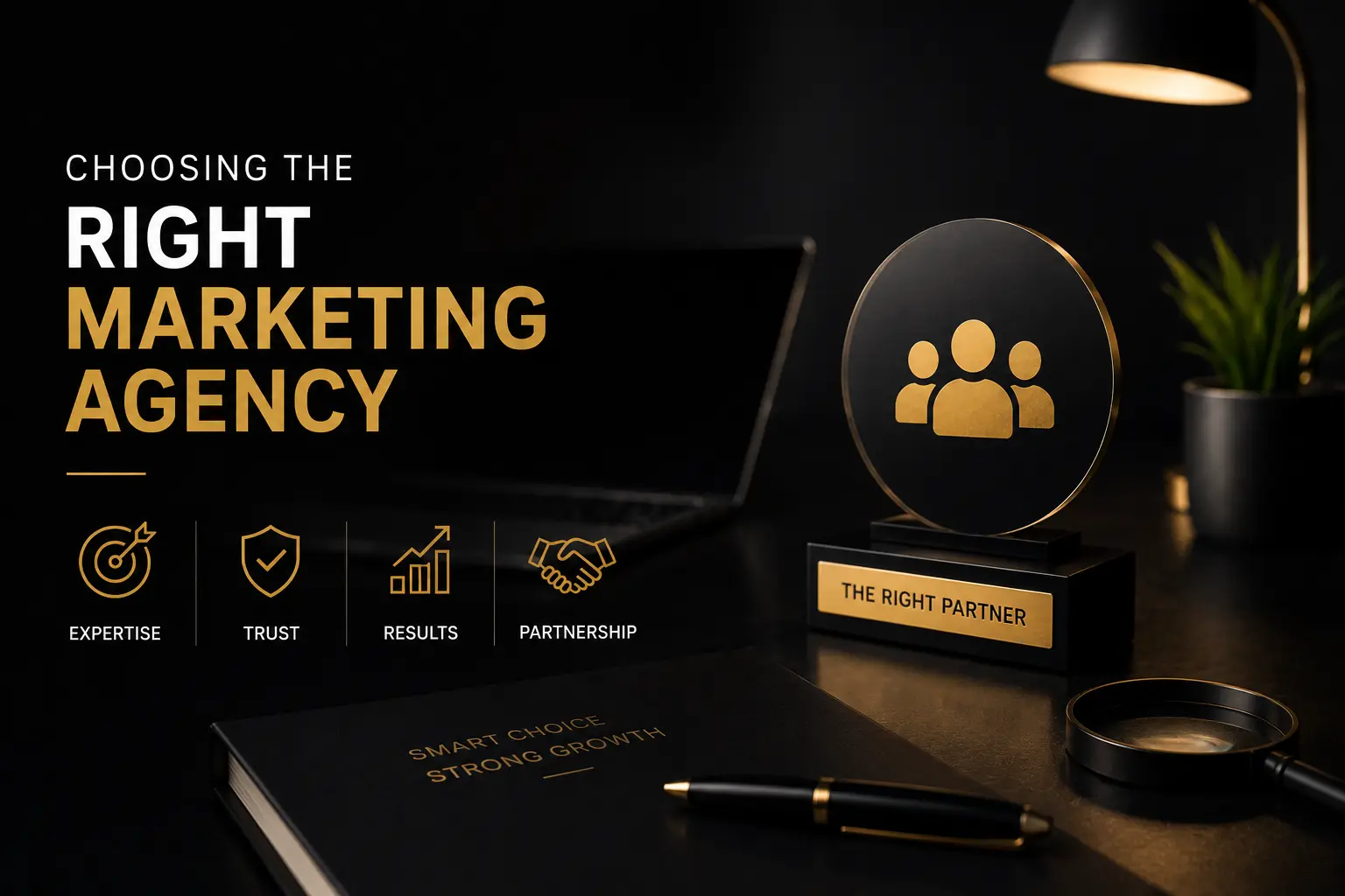 Dark themed professional marketing agency selection banner featuring expertise, trust, results, and partnership concepts in a premium corporate workspace.