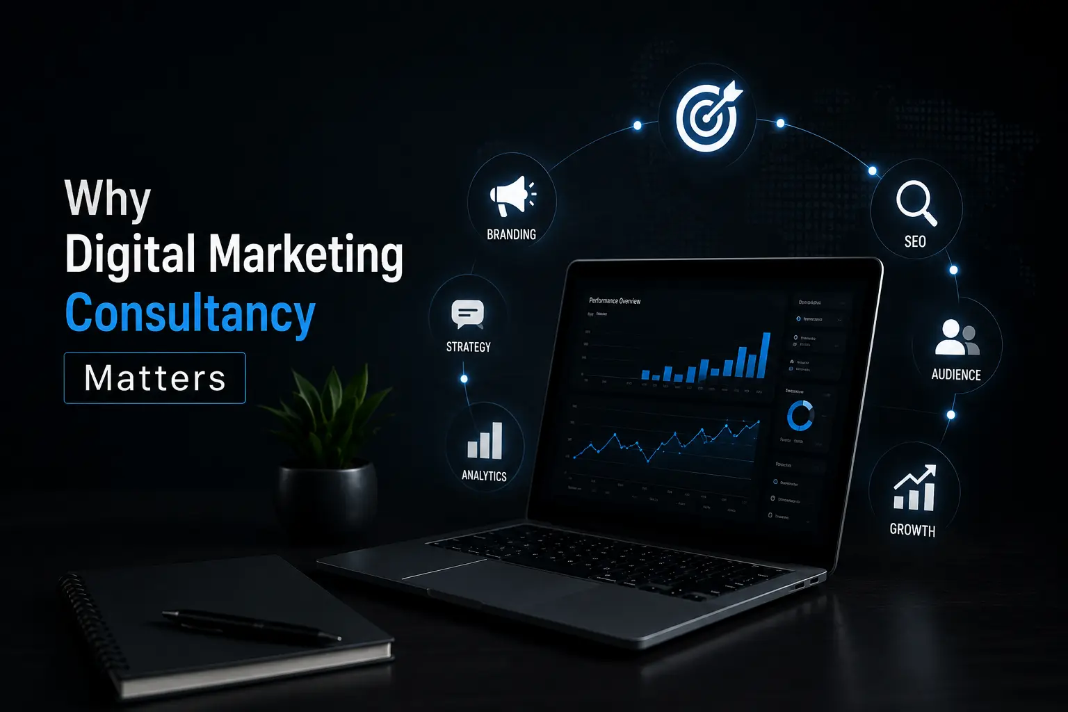Dark theme digital marketing consultancy illustration showing business growth strategy, branding, SEO, audience targeting, and analytics concepts.