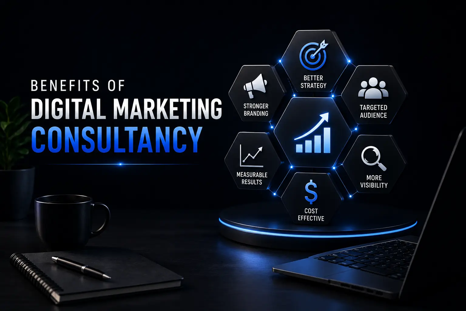 Dark theme digital marketing consultancy infographic showing business growth, branding, audience targeting, visibility, and marketing strategy benefits.