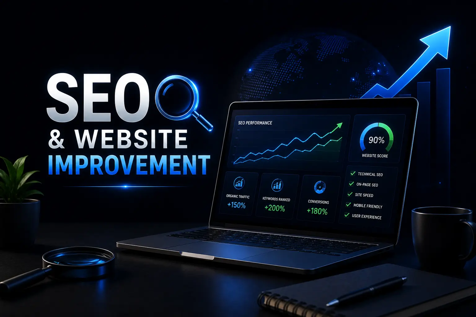Dark theme SEO and website improvement illustration showing website analytics, SEO performance growth, technical optimization, and search visibility.