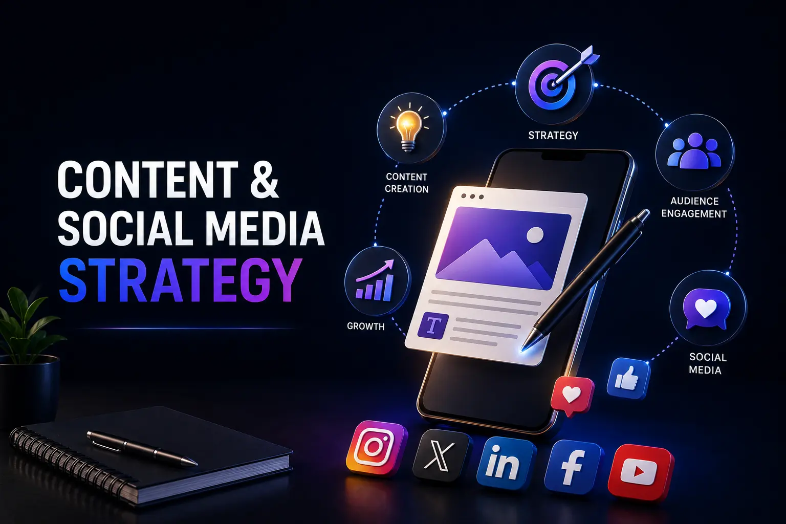 Dark theme content and social media strategy illustration showing content creation, audience engagement, social media marketing, branding, and digital growth.