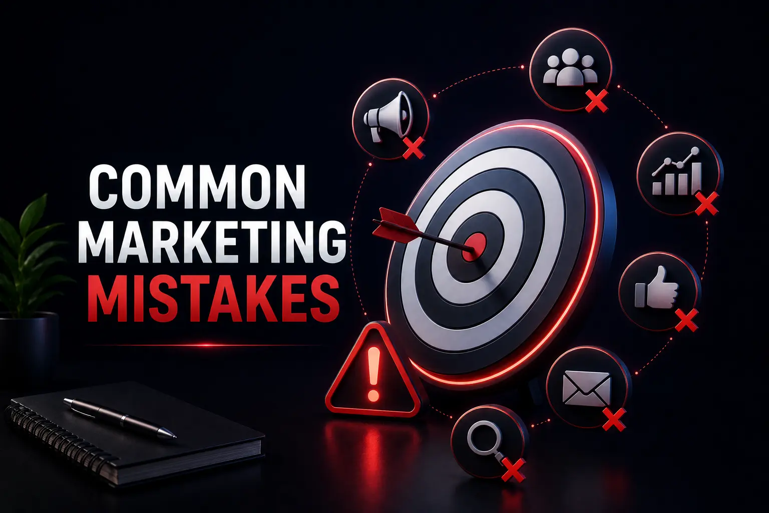 Dark theme common marketing mistakes illustration showing failed targeting, weak branding, poor SEO strategy, and marketing errors with blue and red neon elements.