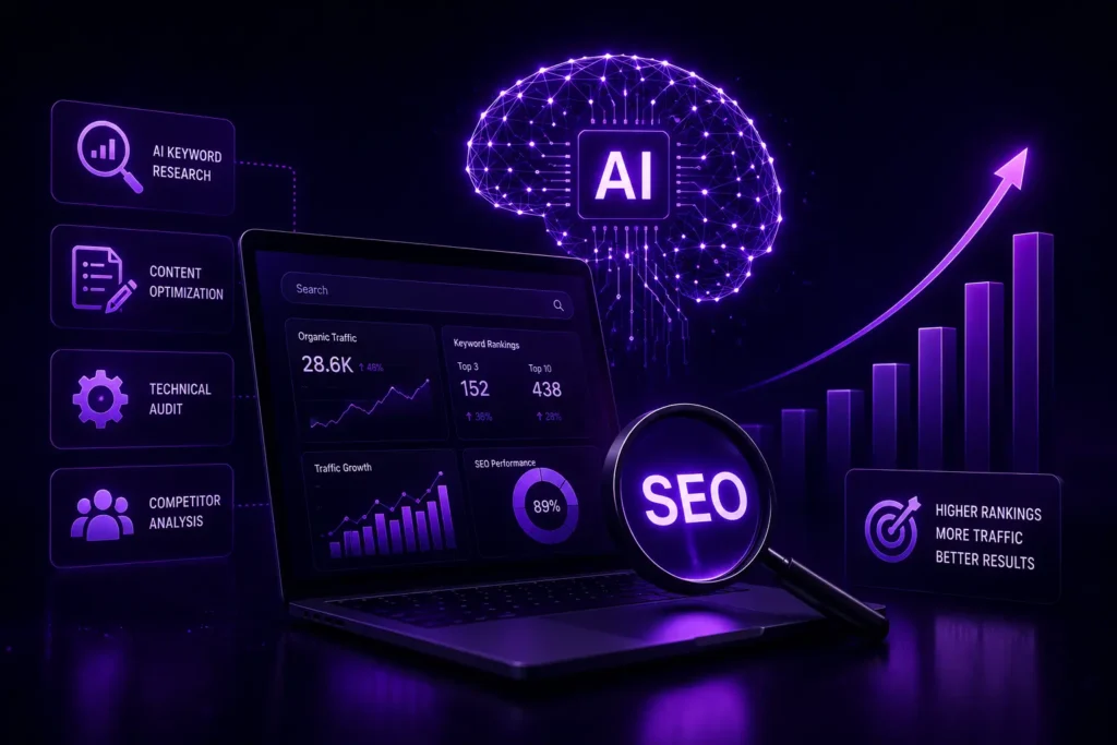 Dark theme AI powered SEO illustration showing search marketing agencies using artificial intelligence for keyword research, content optimization, technical SEO, ranking growth, and organic traffic analysis.