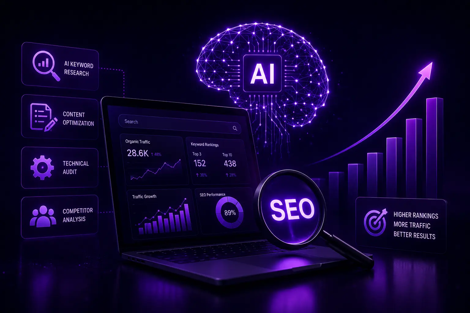 Dark theme AI powered SEO illustration showing search marketing agencies using artificial intelligence for keyword research, content optimization, technical SEO, ranking growth, and organic traffic analysis.