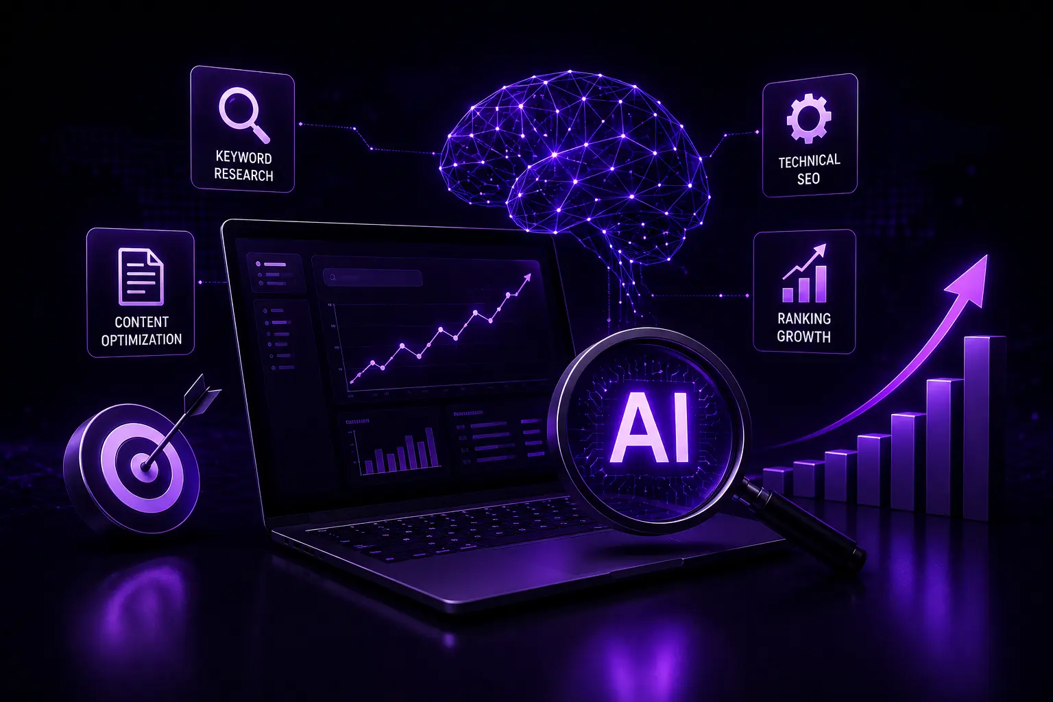 Dark theme AI powered SEO illustration showing search marketing agencies using artificial intelligence for keyword research, content optimization, technical SEO, and ranking growth.