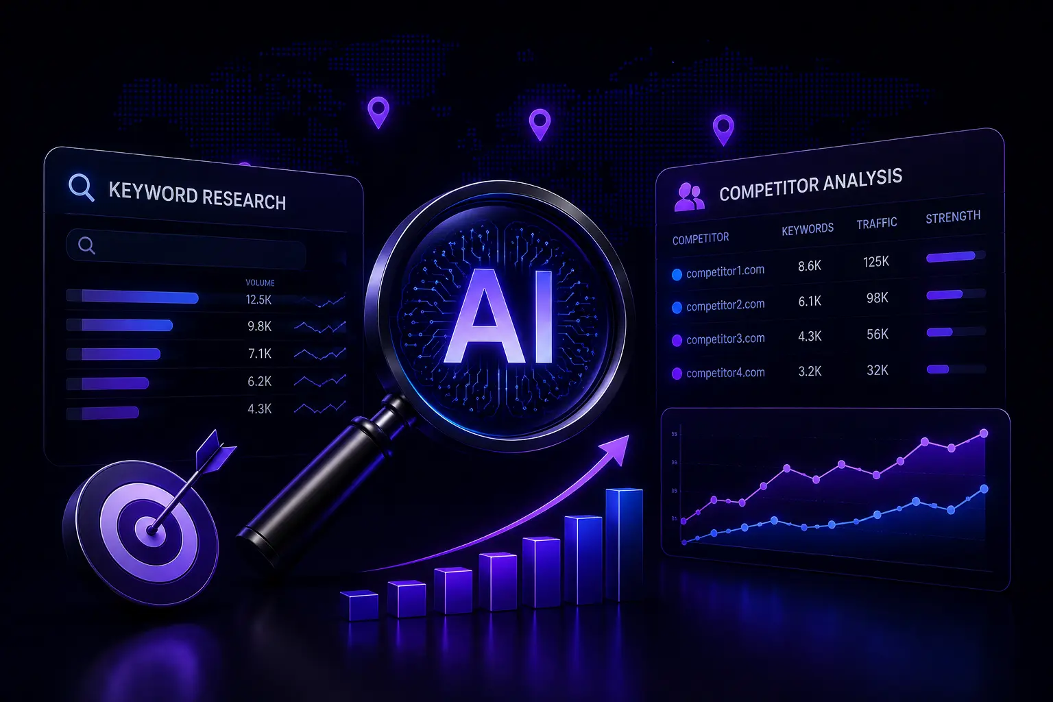Dark theme AI powered keyword research and competitor analysis illustration showing SEO analytics, ranking comparison, traffic growth, and AI driven marketing insights.