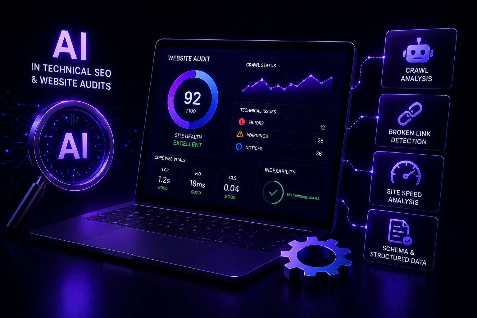 Dark theme AI powered technical SEO and website audit illustration showing crawl analysis, site health monitoring, broken link detection, schema optimization, and website performance analytics.