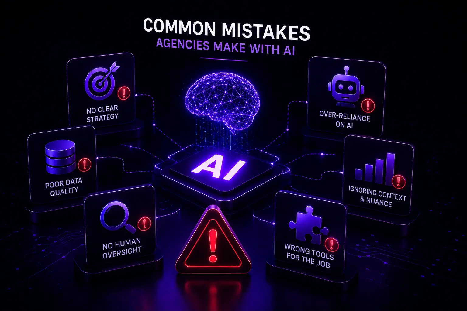 Dark theme AI mistakes illustration showing poor strategy, over reliance on AI, weak data quality, lack of human oversight, and wrong tool usage in digital marketing agencies.