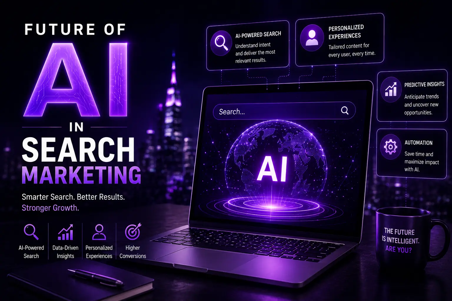 Dark purple futuristic AI search marketing illustration showing AI powered search optimization, predictive insights, personalized experiences, automation, and digital growth analytics on a realistic laptop interface.