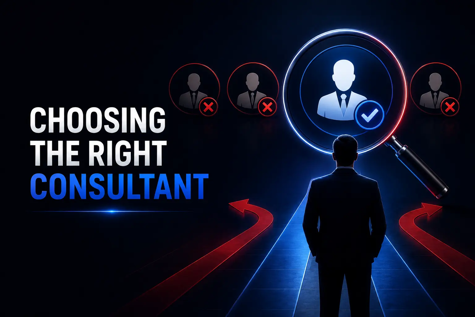 Dark theme business consultant selection illustration showing professional consultant verification, business partnership, expertise evaluation, and strategic decision making.