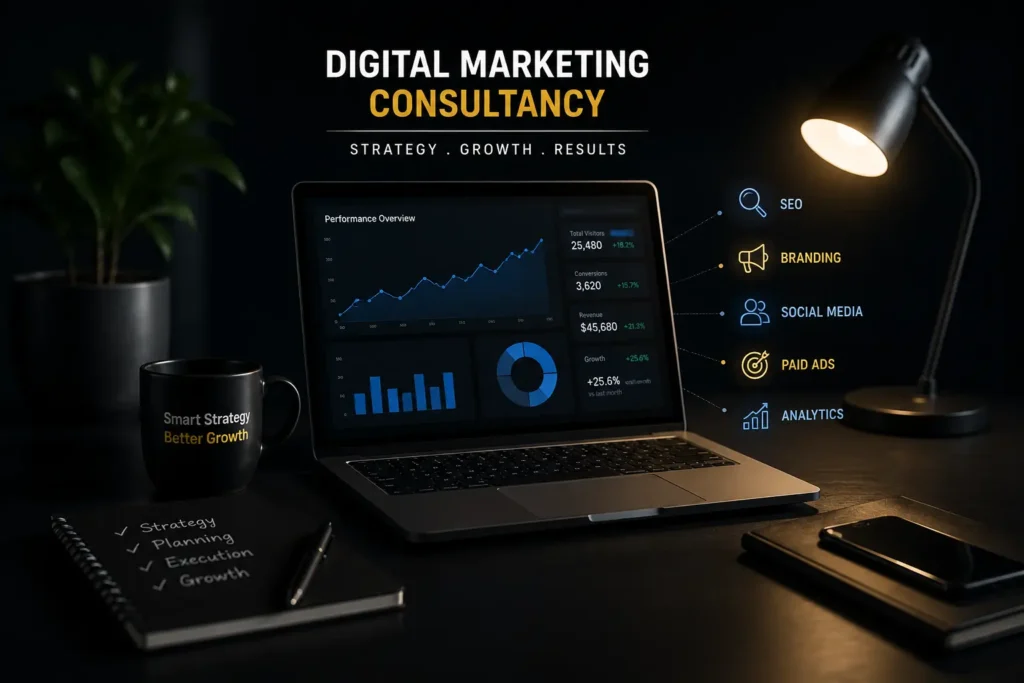 Dark theme digital marketing consultancy workspace showing analytics dashboard, SEO strategy, branding, and online business growth tools.