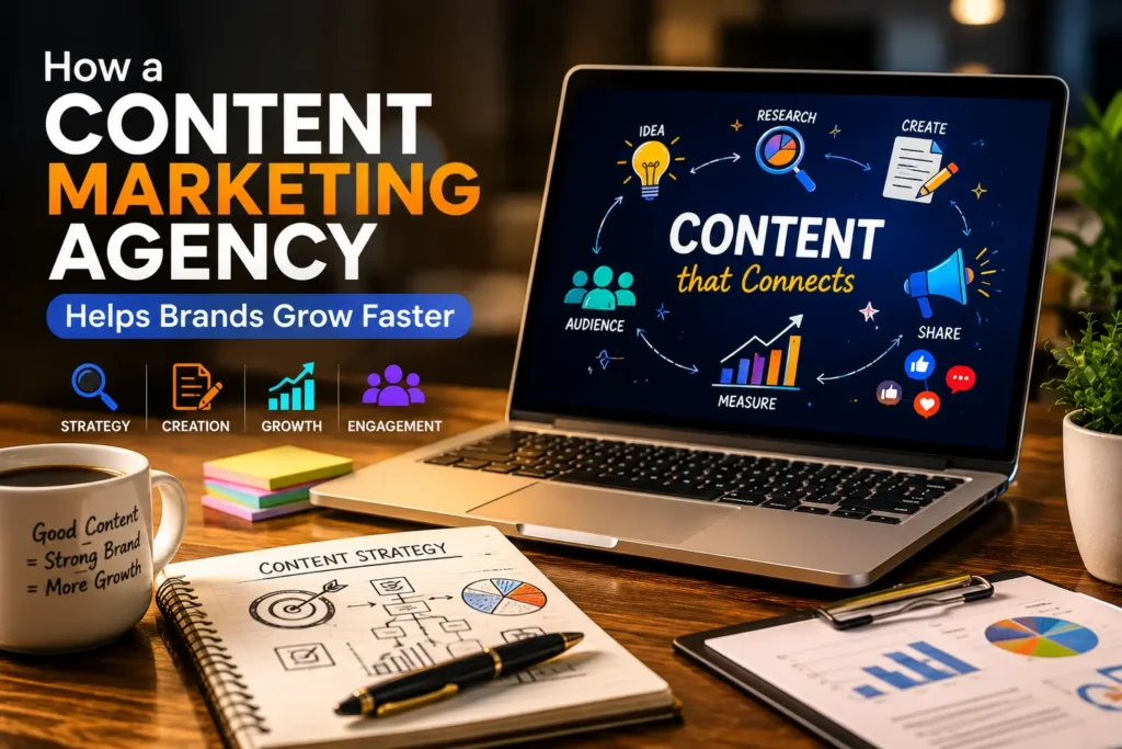 Dark theme content marketing agency workspace showing content strategy, SEO growth, audience engagement, and brand visibility through a professional laptop setup.
