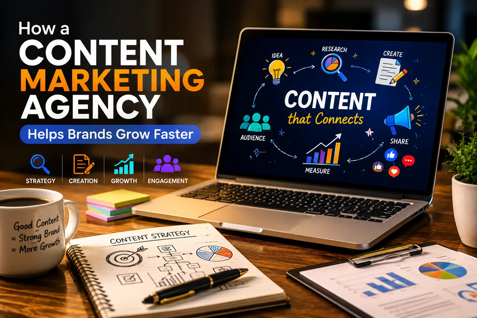 Dark theme content marketing agency workspace showing content strategy, SEO growth, audience engagement, and brand visibility through a professional laptop setup.