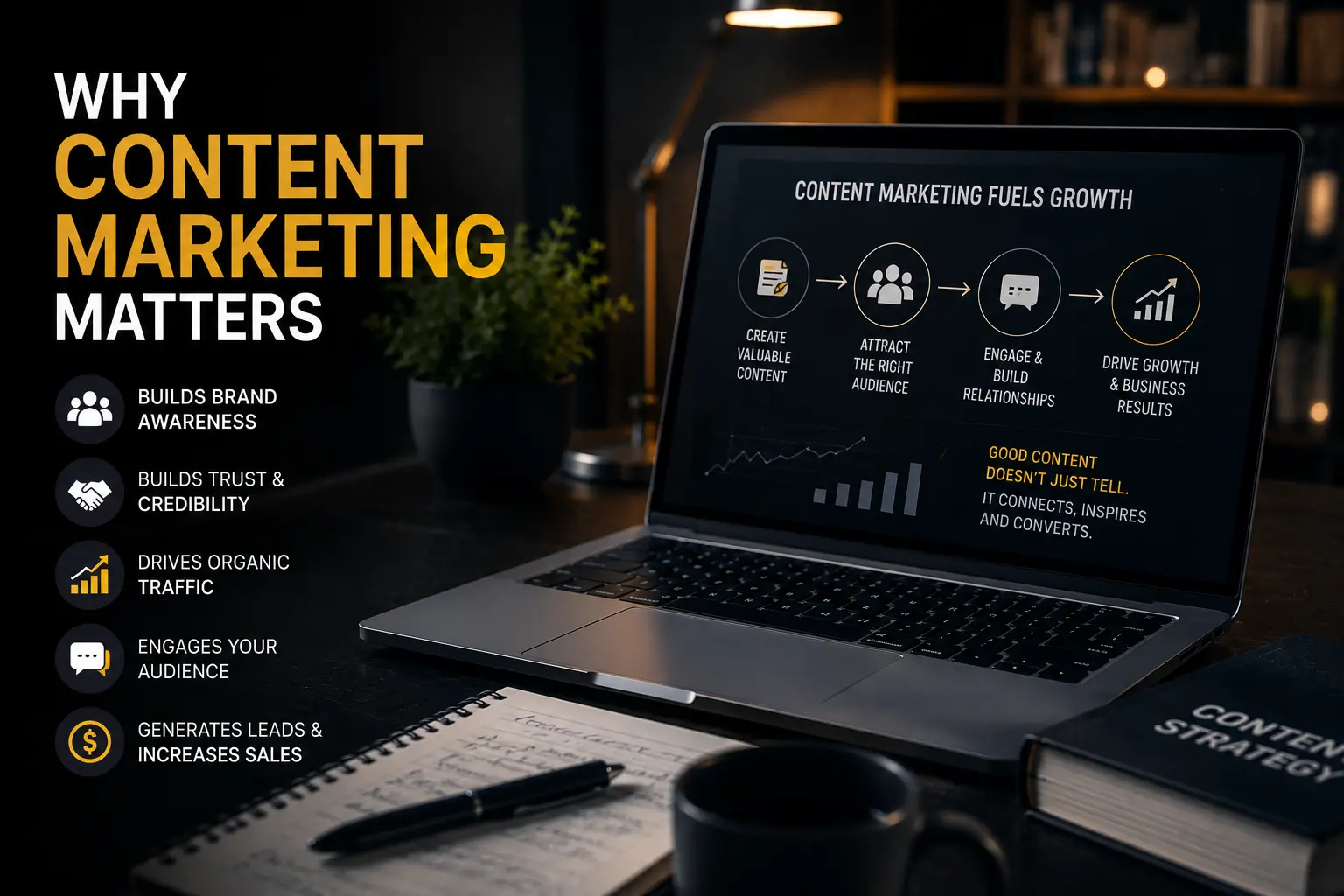 Dark theme content marketing workspace showing SEO growth, audience engagement, brand awareness, and content strategy on a professional laptop setup.