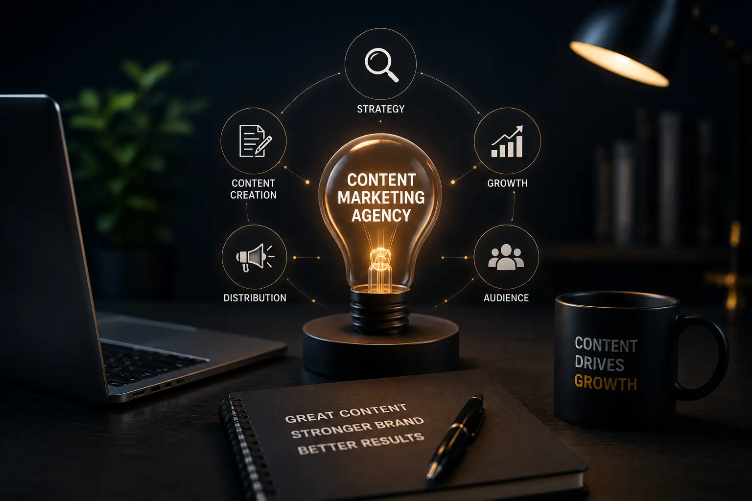 Dark theme content marketing agency illustration with glowing idea bulb, content strategy icons, audience targeting, business growth, and professional marketing workspace
