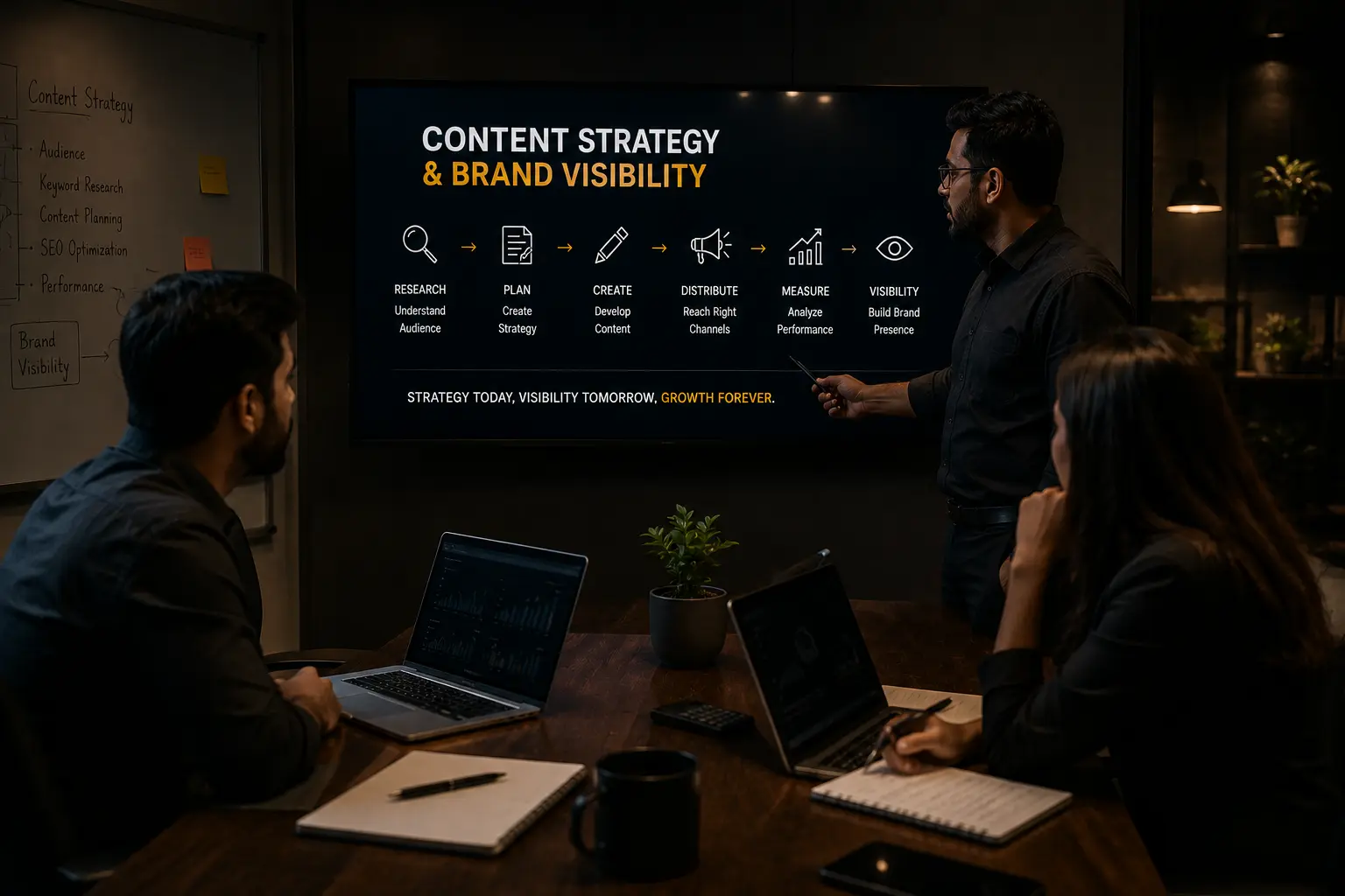 Realistic dark theme business meeting discussing content strategy and brand visibility with marketing professionals reviewing growth plans and branding insights.