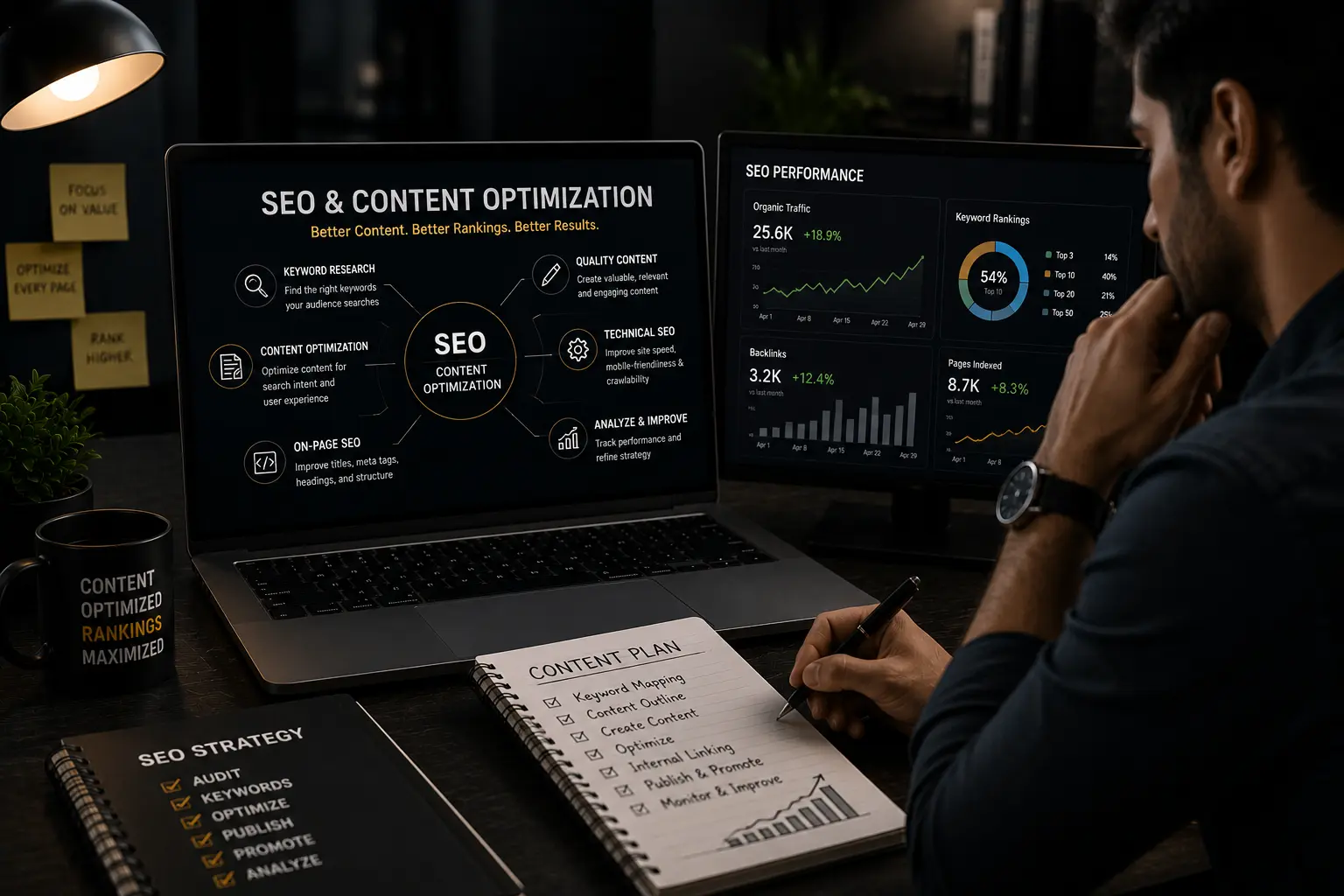 Realistic dark theme SEO and content optimization workspace showing SEO analytics, keyword research, content planning, and organic traffic growth.