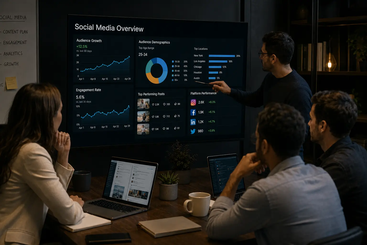 Realistic dark theme social media marketing meeting showing a team analyzing audience engagement, content performance, and social media growth metrics.