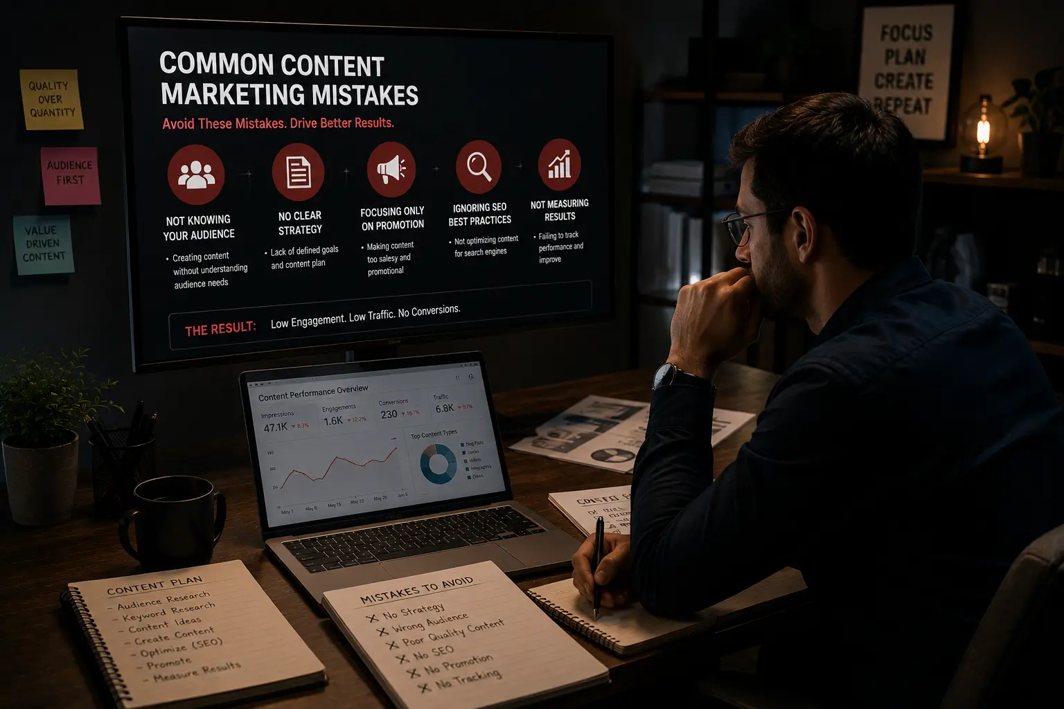 Realistic dark theme content marketing workspace showing a marketer analyzing common content marketing mistakes, poor SEO practices, and weak audience strategy.
