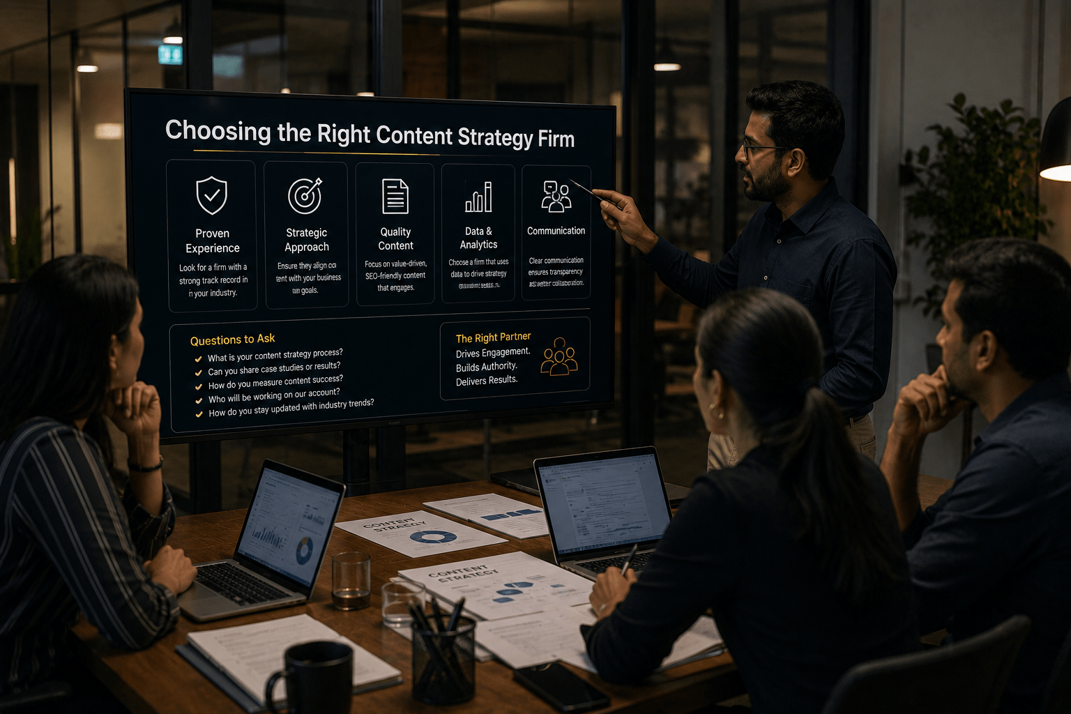 Realistic dark theme corporate meeting discussing how to choose the right content strategy firm with professionals reviewing strategy, analytics, and content planning.