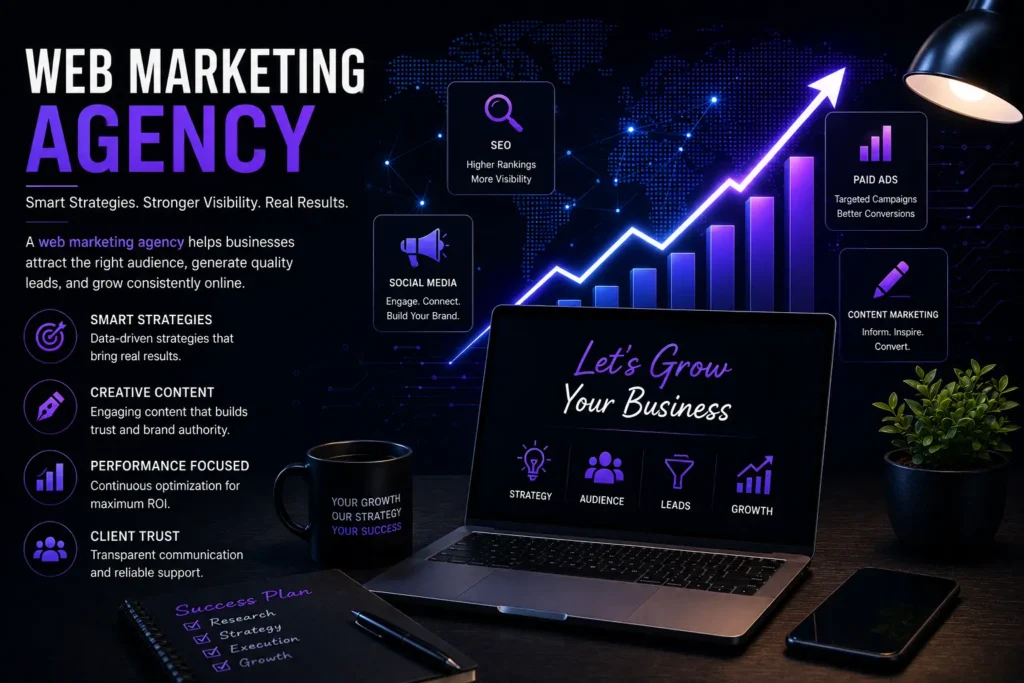 Dark theme web marketing agency illustration featuring SEO, content marketing, social media promotion, paid advertising, and business growth analytics with a rising performance graph.
