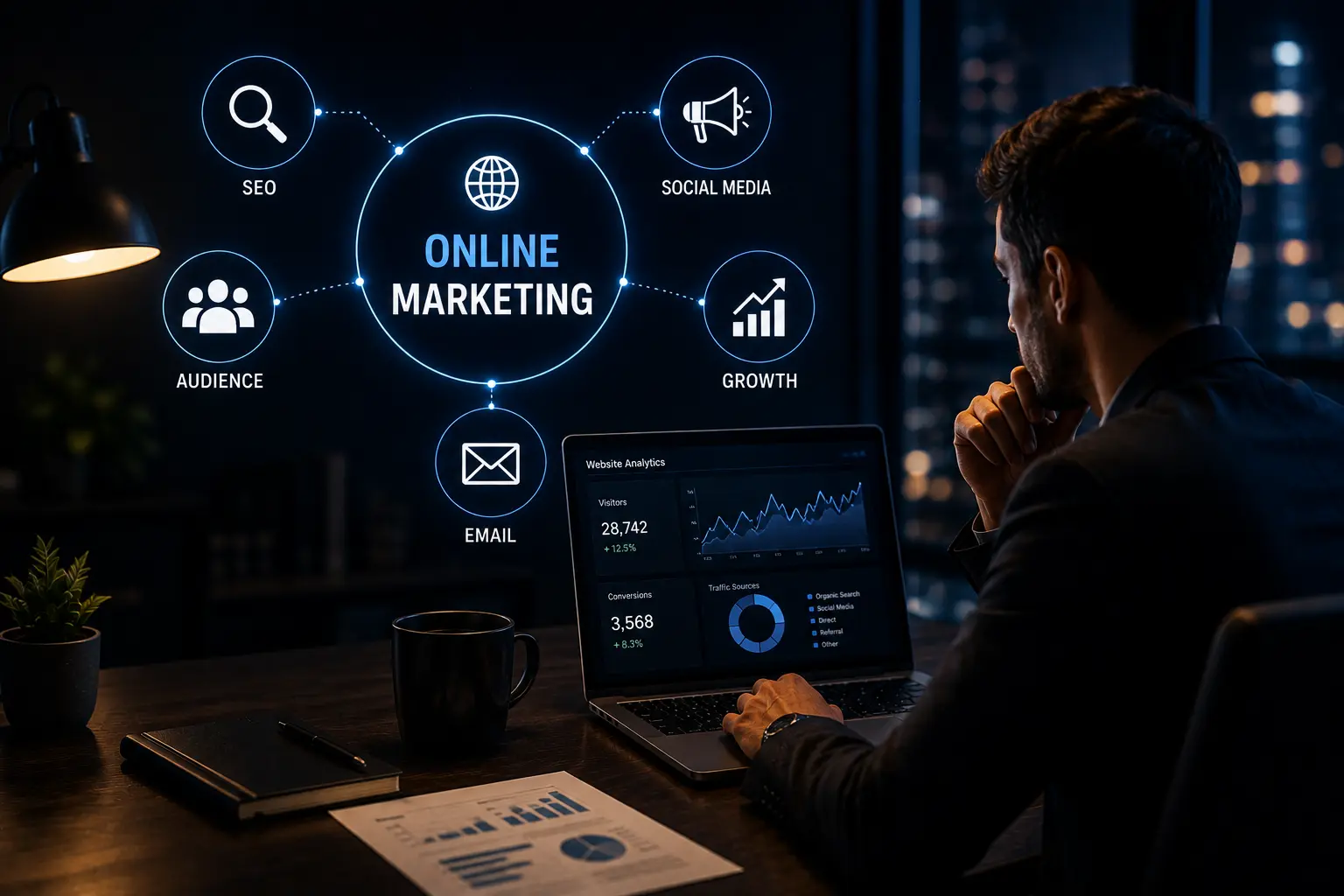 Business professional analyzing online marketing data on a laptop in a dark office with SEO, audience growth, email marketing, and social media strategy icons.