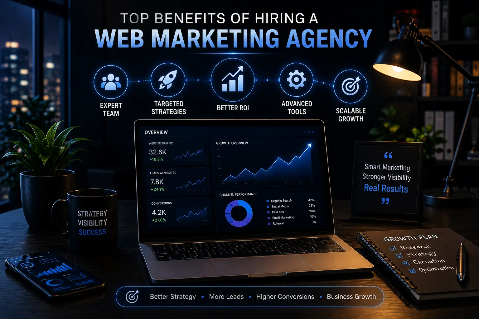 Business owner reviewing marketing analytics with a web marketing agency strategy dashboard in a dark themed office, showcasing business growth, ROI, and online marketing success.
