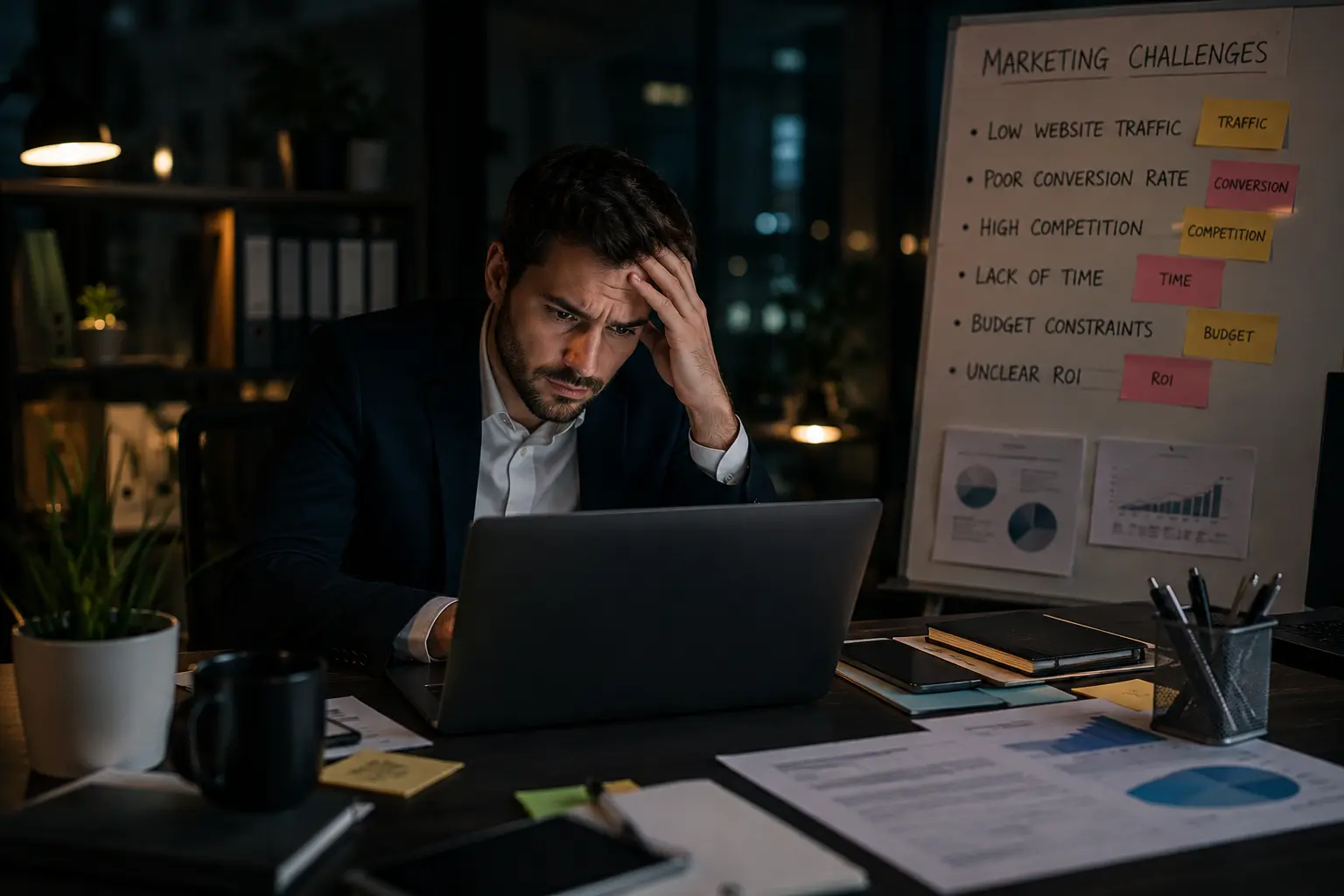Business owner struggling with marketing challenges while reviewing analytics on a laptop in a dark office, highlighting low website traffic, poor conversions, limited resources, and ROI concerns.