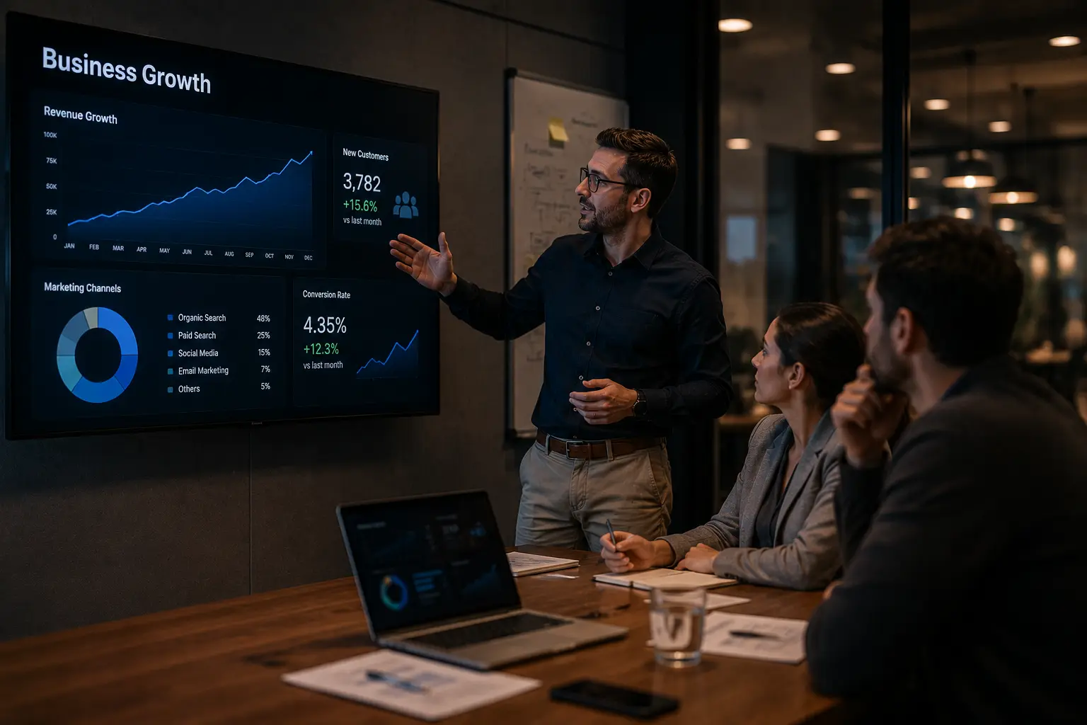 Marketing agency team reviewing business growth analytics and strategy during a professional meeting in a modern office, with performance dashboards and growth charts displayed on a large screen.
