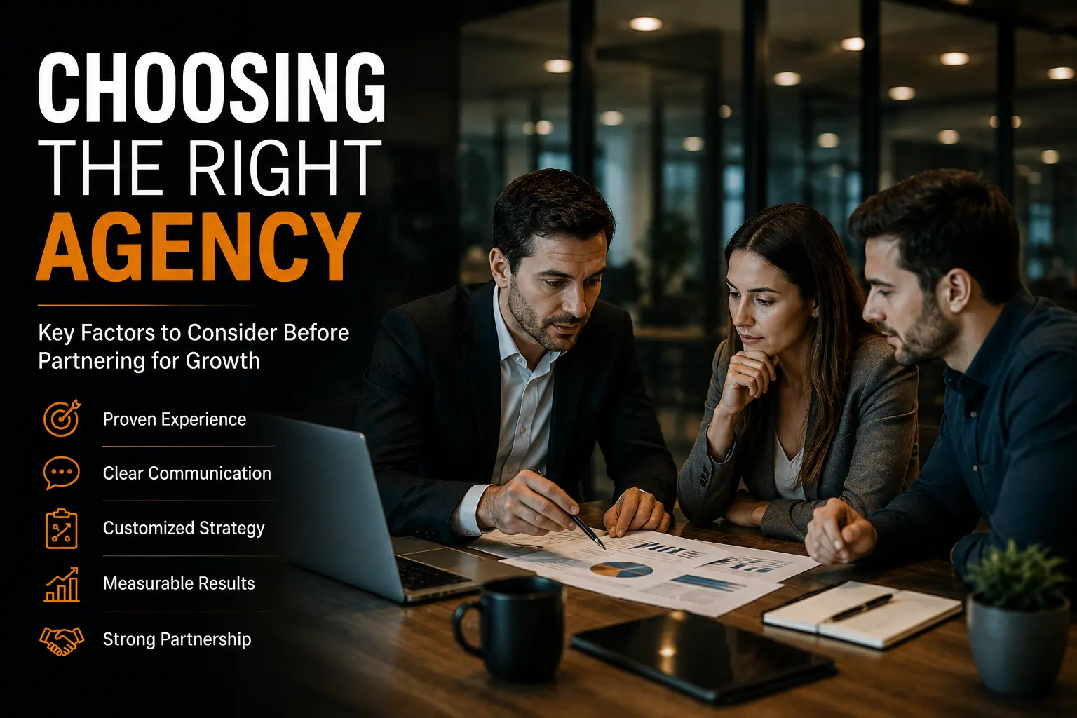 Business professionals evaluating marketing agencies during a strategic meeting, reviewing performance reports and discussing partnership decisions in a modern office environment.