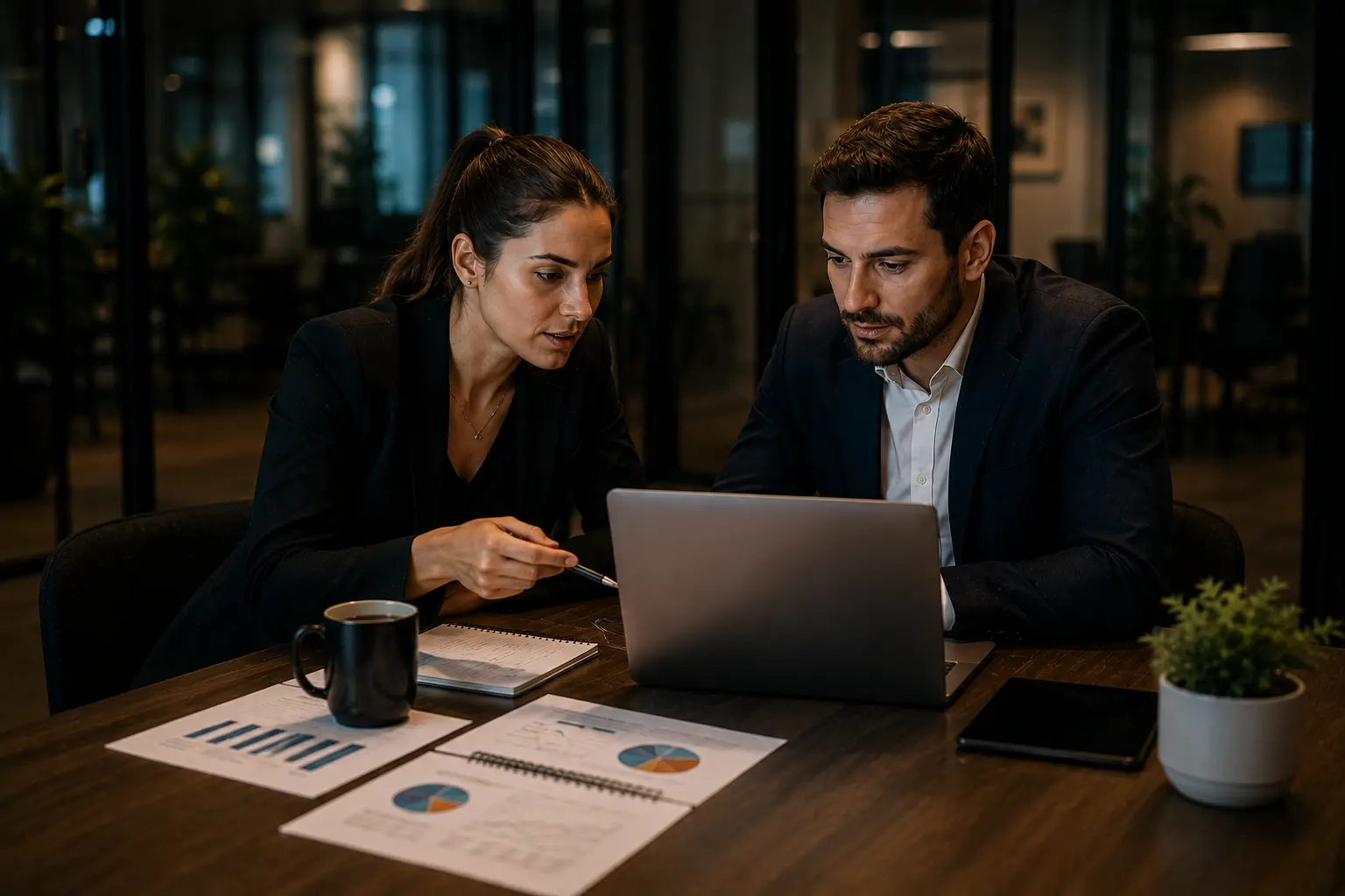 Two marketing professionals collaborating on a digital marketing strategy in a modern office, reviewing business reports and online growth plans on a laptop.