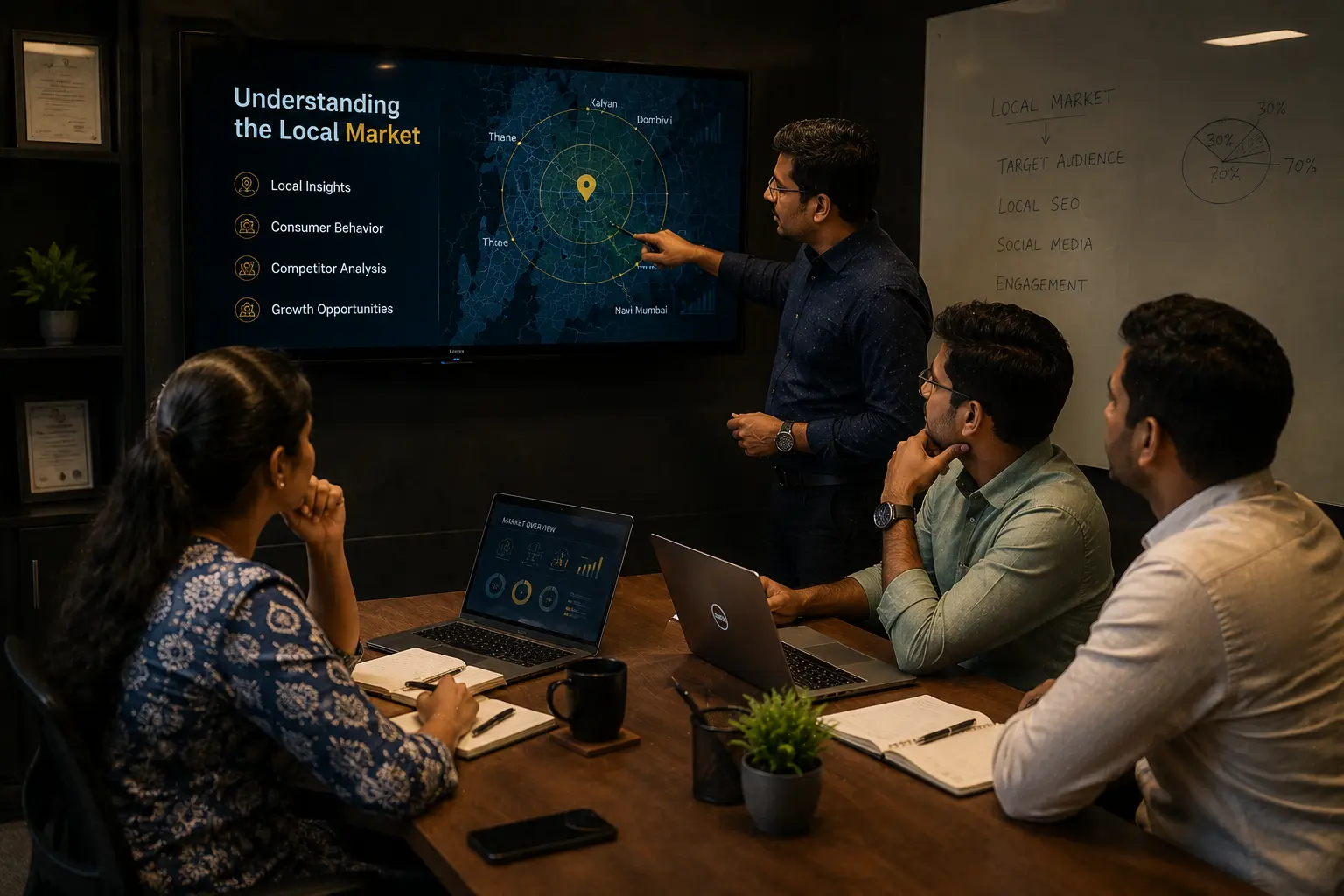 Indian marketing professionals analyzing local market data during a strategy meeting, reviewing customer behavior, competitor insights, and regional business opportunities on a digital dashboard.
