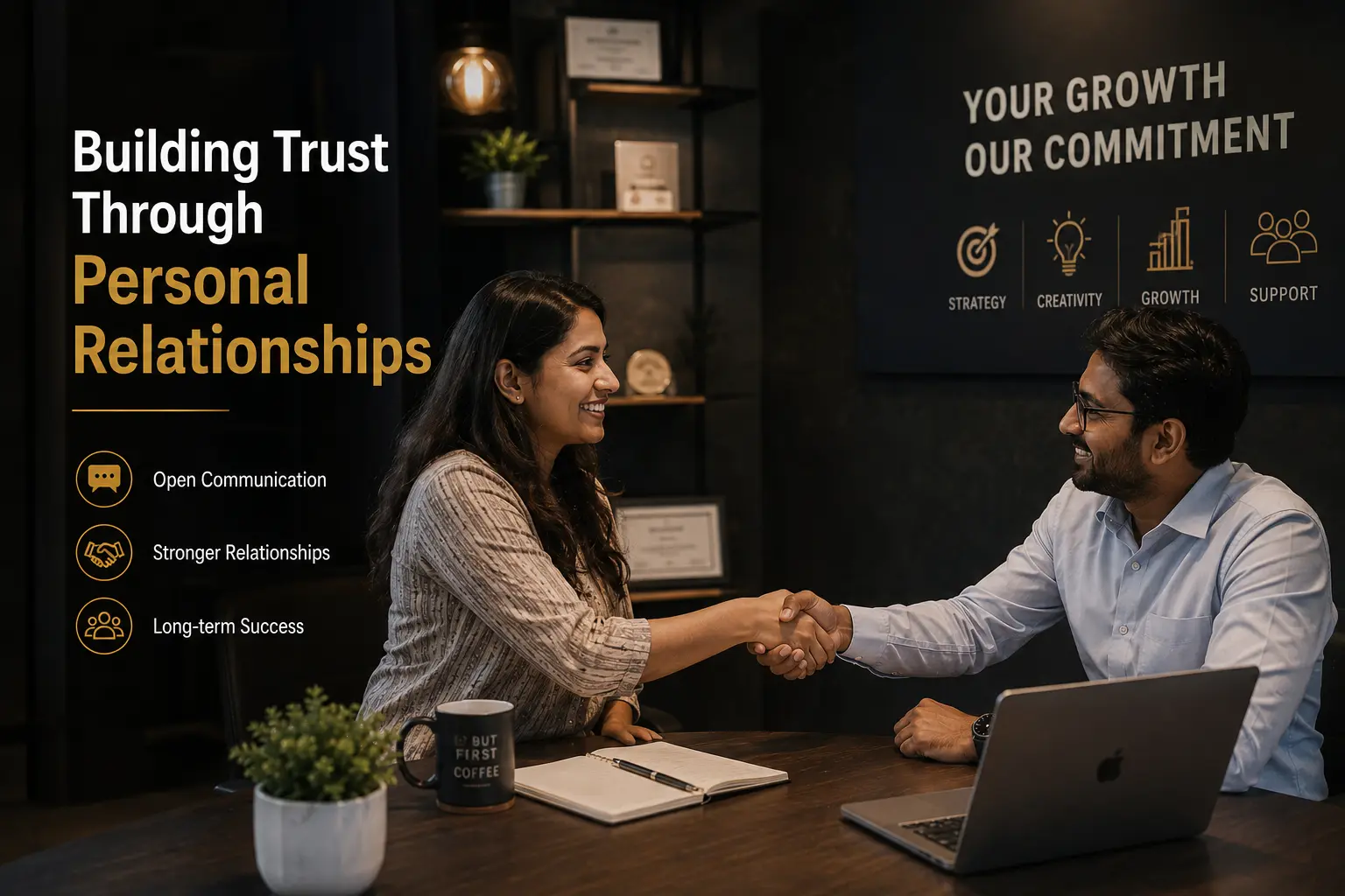 Indian business professionals shaking hands during a meeting in a modern office, symbolizing trust, strong client relationships, and long term business partnerships.