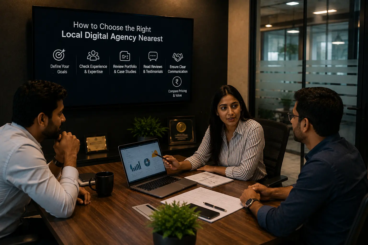 Indian business professionals evaluating a local digital marketing agency during a strategy meeting, reviewing performance reports, client results, and agency selection criteria.