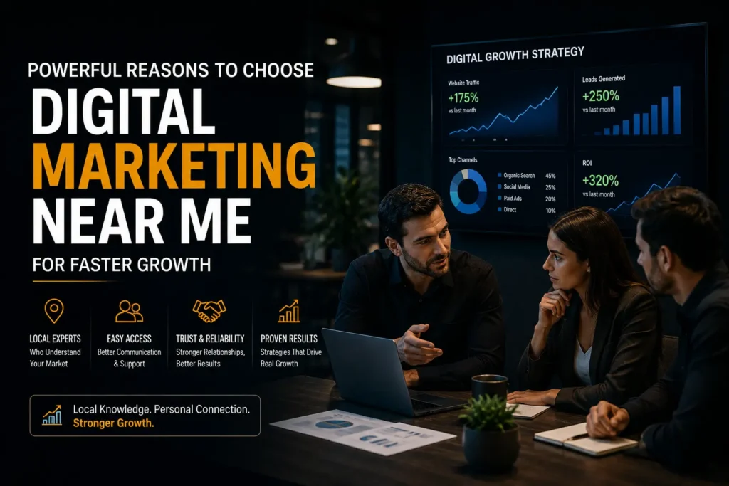Professional local digital marketing agency team discussing growth strategies and marketing performance in a dark themed office with business analytics dashboards and growth charts.