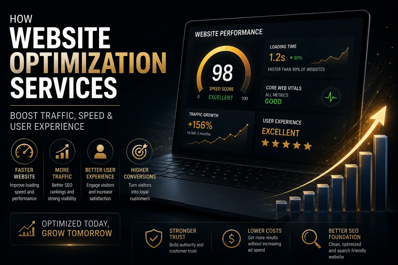Premium dark theme website optimization services dashboard displaying website speed improvements, traffic growth, user experience metrics, SEO performance, and conversion optimization analytics.