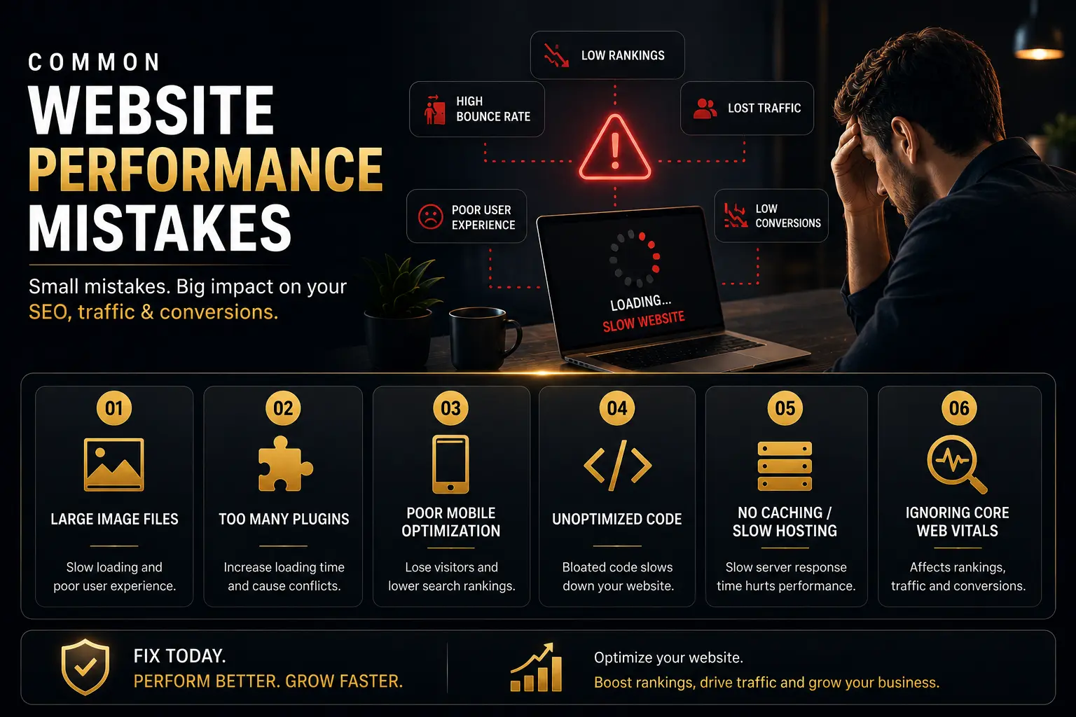 Dark theme infographic illustrating common website performance mistakes, including large image files, poor mobile optimization, slow hosting, excessive plugins, and their impact on SEO, traffic, and conversions.