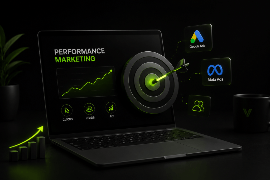 Performance marketing dashboard showing Google Ads, Meta Ads, campaign analytics, lead generation, and ROI optimization on a modern laptop.