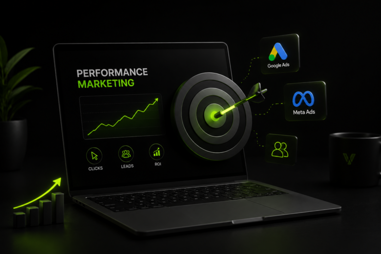 Performance marketing dashboard showing Google Ads, Meta Ads, campaign analytics, lead generation, and ROI optimization on a modern laptop.