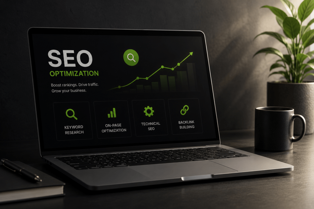 SEO optimization dashboard showing keyword research, website rankings, search visibility, and organic traffic growth strategies.