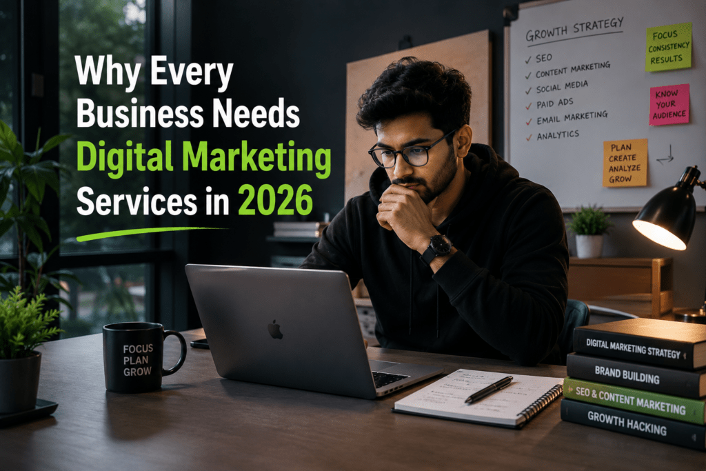 Business professional planning a digital marketing strategy on a laptop in a modern office to improve online visibility and business growth in 2026.
