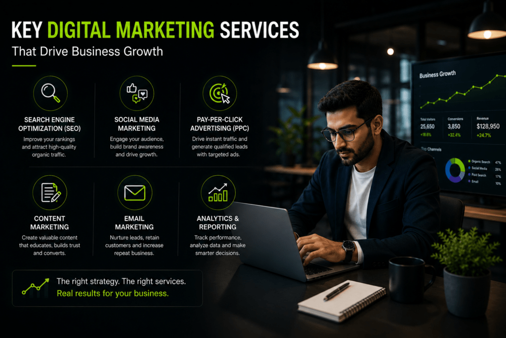 Digital marketing professional planning SEO, social media, PPC, content marketing, email marketing, and analytics strategies to drive business growth.